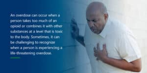 man holding heart and text explaining that knowing the signs of opioid overdose is important to saving lives.