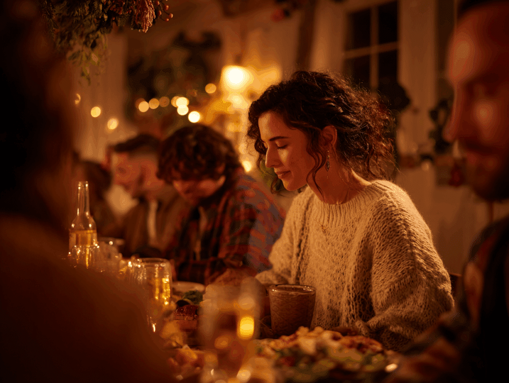 A realistic photo of a diverse group of people sitting together at a holiday dinner table, smiling gently, with one person quietly stepping away toward a quiet corner with a cup of teaโcapturing both connection and the importance of mental health boundaries during holiday gatherings.